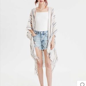 American Eagle Breezy Cotton Coverup Fringe Stripe Boho Kimono One Size